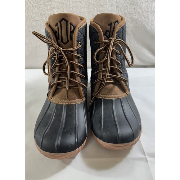 Marleylilly Womens Monogrammed JLE Brown Black Gray Duck Boots- Size 9 - Picture 1 of 5